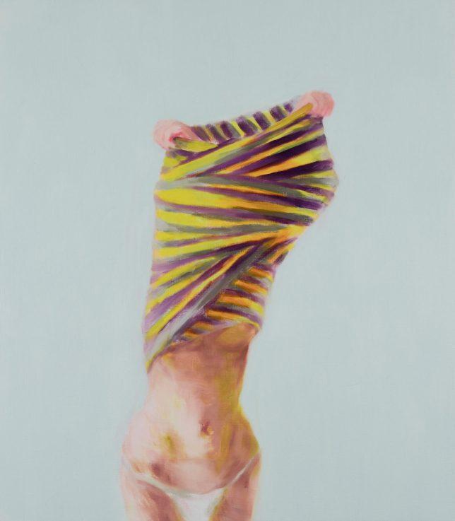 Tjark Ihmels, Das gestreifte Kleid, 2018, Öl auf Leinwand, 80 x 70 cm