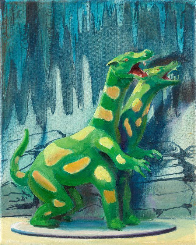 Sebastian Meschenmoser, Flash-Gordon-Nippes, Doppeldrache, 2019, Öl auf Leinwand, 25 x 15 cm