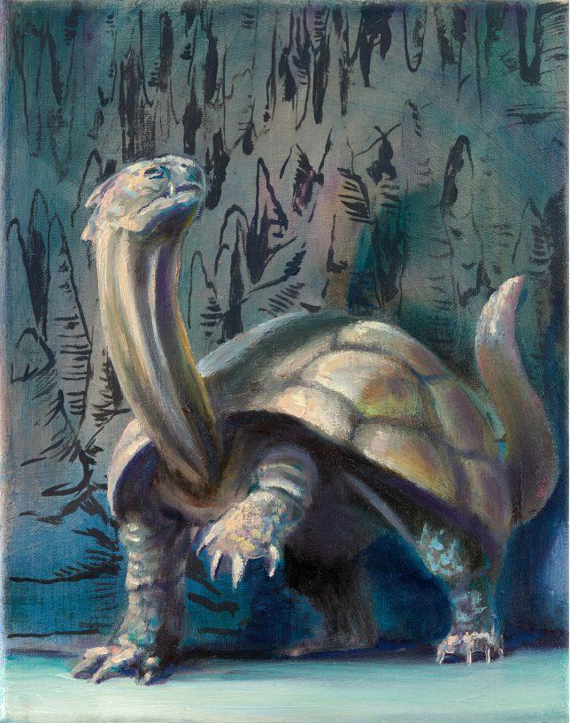 Sebastian Meschenmoser, Flash Gordon Nipper ,Hoehlenschildkroete, 2019, oil on canvas 25 x 15 cm