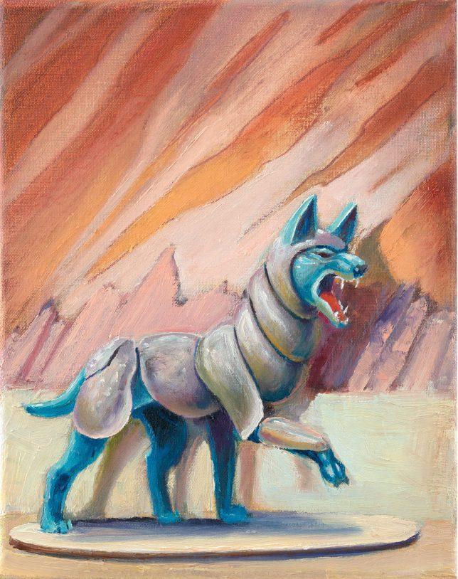 Sebastian Meschenmoser, Flash Gordon Nipper ,Panzerwolf, 2019, Öl auf Leinwand, 25 x 15 cm