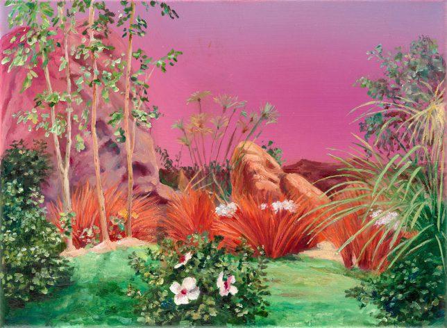Sebastian Meschenmoser, Kelvanerexilplanet Magenta, 2019, Öl auf Leinwand, 26 x 35 cm
