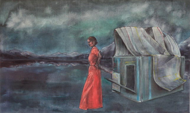 Isabel Friedrich, Im Schatten der Popcornmaschine, 2021, Indian Ink, Oil on Canvas, 60 x 100 cm