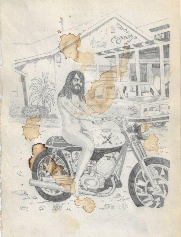 Jan Schelcher, Wolfman of del Rio, 2021, Bleistift auf Papier, 20 x 14.5 cm