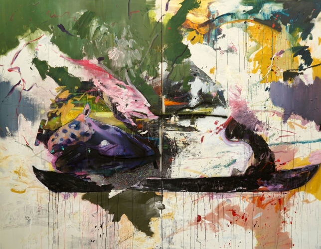 Philipp Kummer, afar adrift no fog rolls, 2022, Öl, Acryl auf, Lwd., 250 x 320 cm