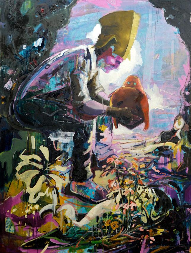 Philipp Kummer, Arbeitstüte, 2022, Tusche Papier, Öl auf Lwd., 210 x 160 cm