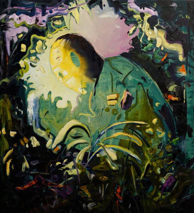 Philipp Kummer, immer nur schwimmen gehen, 2022, Tusche, Öl auf Lwd., 120 x 110 cm