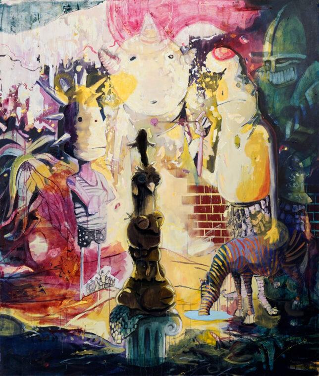 Philipp Kummer, ums Feuer, 2022, Öl, Acryl auf Lwd., 230 x 190 cm