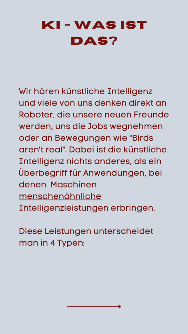 Wir hören künstliche Intelligenz und viele von uns denken direkt an Roboter, die unsere neuen Freunde werden, uns die Jobs wegnehmen oder an Bewegungen wie "Birds aren't real". Dabei ist die künstliche Intelligenz nichts anderes, als ein Überbegriff für Anwendungen, bei denen Maschinen menschenähnliche Intelligenzleistungen erbringen. Diese Leistungen unterscheidet man in 4 Typen: