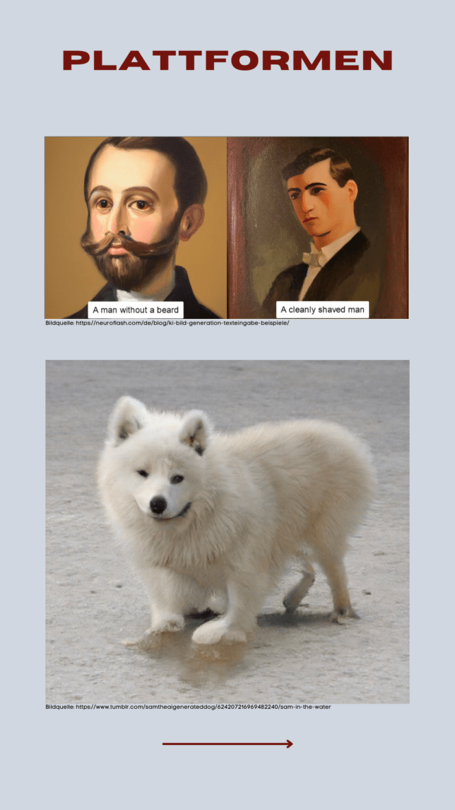 Auf dem oberen Bild sieht man links einen Mann mit Bart und dem Titel "A man withouth a beard". Links sieht man einen Mann ohne Bart und dem Titel "A cleanly shaved man". Auf dem unteren Bild erkennt man einen weißen Hund, dessen Vorderbeine nicht klar ekennbar sind. Beide Bilder sind KI generierte Fotos.