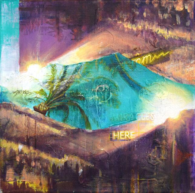 Tessa Wolkersdorfer, Twinscape with Palmtrees, 2020, Diptychon, Tusche und Öl auf Leinwand, 28 x 28 cm