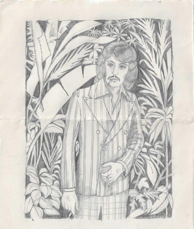 Jan Schmelcher, Movieman, 2023, Bleistift Papier auf Holz, 19,5 x 14 cm