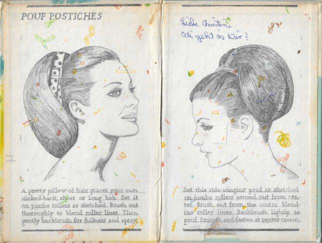 Jan Schmelcher, Pouf Postiches, 2023, Bleistift, Papier auf Holz, 21 x 27,4 cm