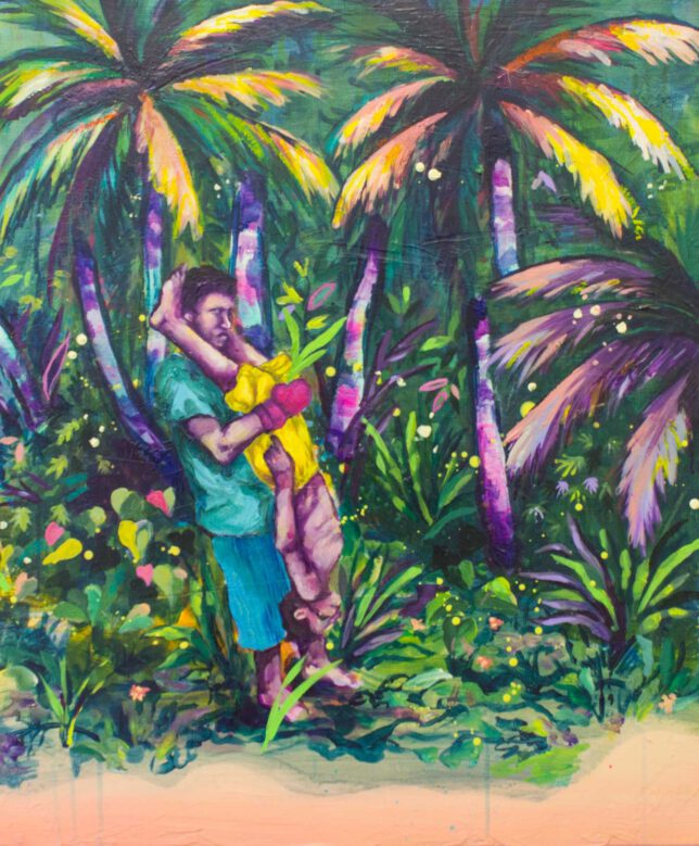 Ekaterina Leo, Jungle Fight, 2023, Acryl un Öl auf Holz, 60 x 50 cm