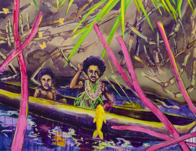 Ekaterina Leo, Good-catch, 2023, Acryl, Ölpastell und Öl auf Leinwand, 105 x 136 cm