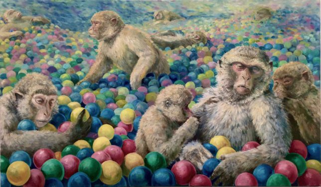Sebastian Meschenmoser, Äffchen im Bällebad, 2022, Öl auf Leinwand