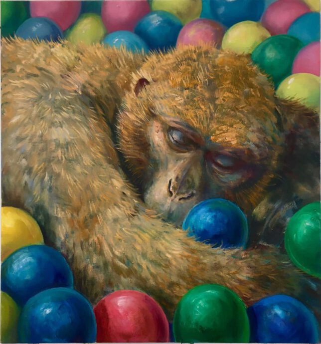 Sebastian Meschenmoser, Äffchen im Bällebad, 2022, Öl auf Leinwand