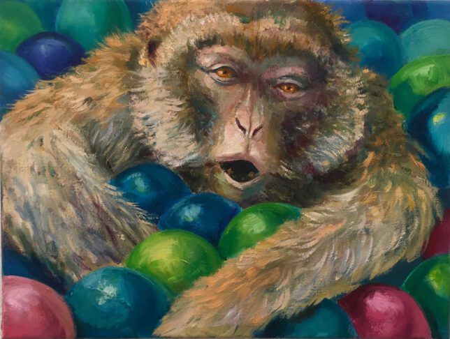 Sebastian Meschenmoser, Äffchen im Bällebad, 2022, Öl auf Leinwand