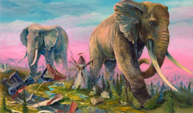 Sebastian Meschenmoser, Animal Crossing, 2023, Öl auf Leinwand, 80 x 135 cm