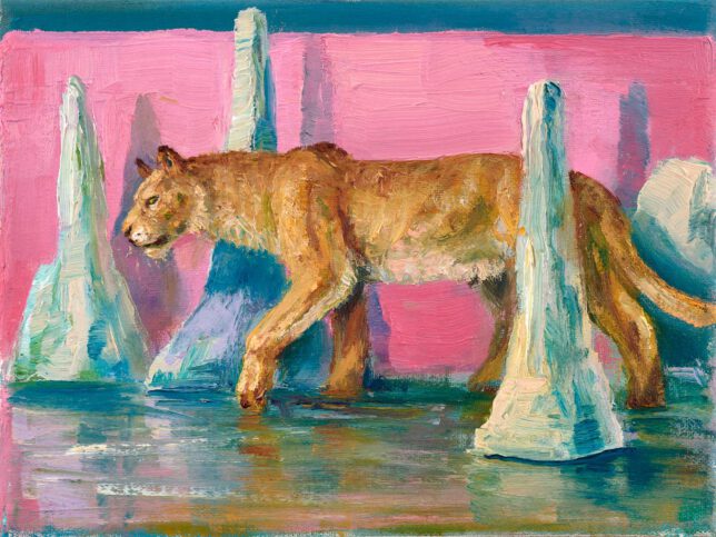 Sebastian Meschenmoser, Space Cat, 2023, Öl auf Leinwand, 15 x 20 cm