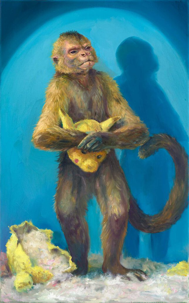 Sebastian Meschenmoser, Stehender Affe, 2022, Öl auf Leinwand