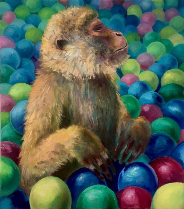 Sebastian Meschenmoser, Äffchen im Bällebad, Öl auf Leinwand