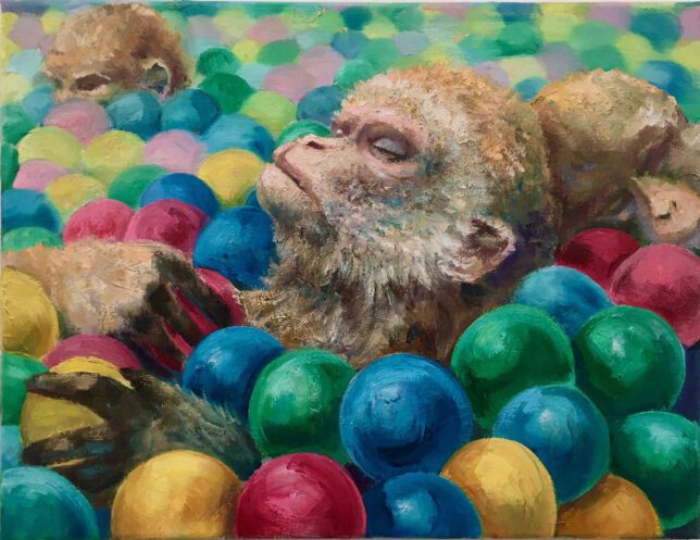 Sebastian Meschenmoser, Äffchen im Bällebad, 2022, Öl auf Leinwand