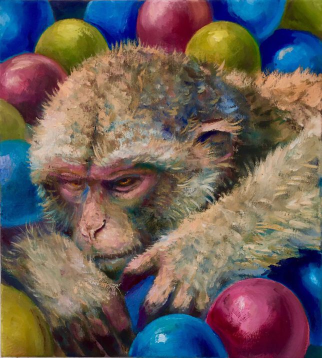 Sebastian Meschenmoser, Äffchen im Baellebad 88, 2022, Öl auf Leinwand