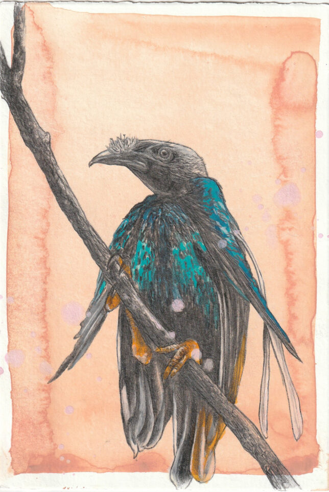 Ekaterina Leo, Paradise lost III, 2023, Acryl, Aquarell, Buntstift und Bleistift auf Bütten, 17 x 11,5 cm