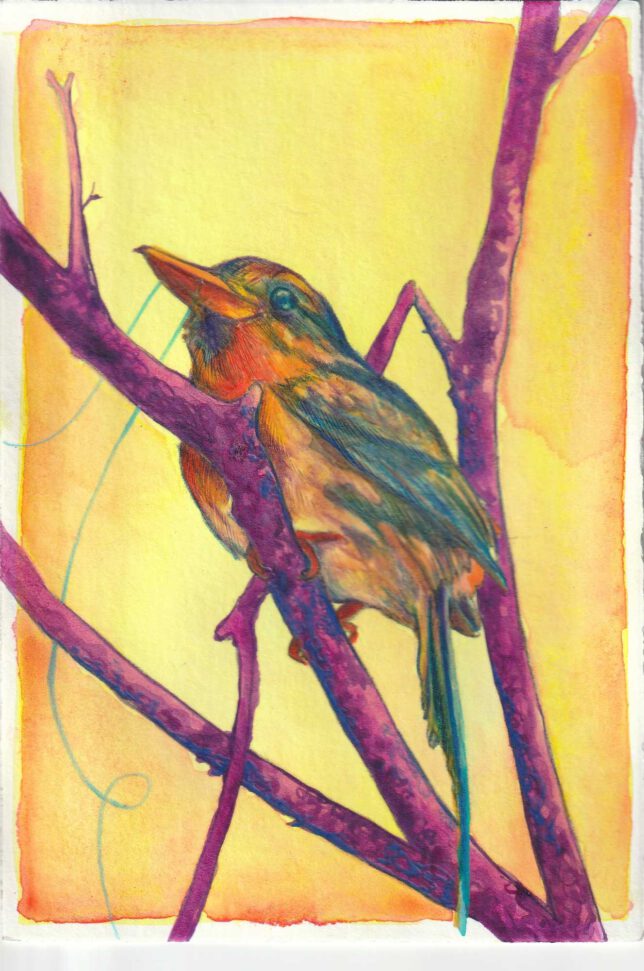 Ekaterina Leo, Paradise lost II, 2023, Acryl, Aquarell, Buntstift und Bleistift auf Bütten, 17 x 11,5 cm