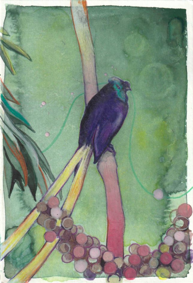 Ekaterina Leo, Paradise lost I, 2023, Acryl, Aquarell, Buntstift und Bleistift auf Bütten, 17 x 11,5 cm