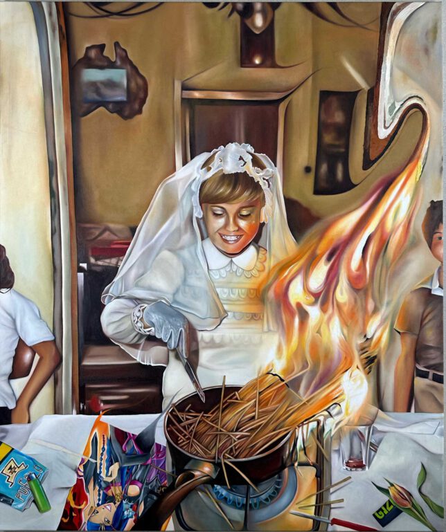 Stella Winter, What might have happened in Italy in ca.1978-79, 2024, Öl auf Leinwand, 125 x 105 cm, 3400 Euro