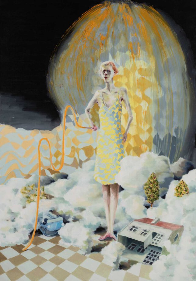 Tjark Ihmels, Plötzlich fiel das Haus um, 2022, Öl auf Leinwand, 100 x 70 cm