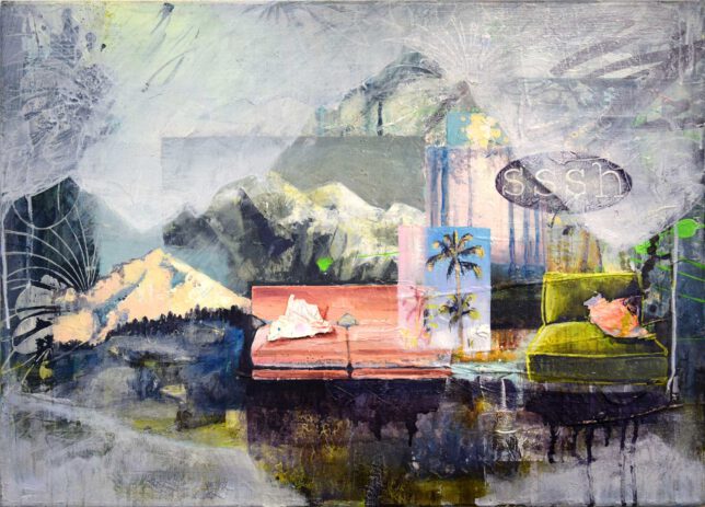 Tessa Wolkersdorfer, Homescape Mountains Allover, 2023, Tusche und Acryl auf Leinwand, 50 x 70 cm, 3500 Euro