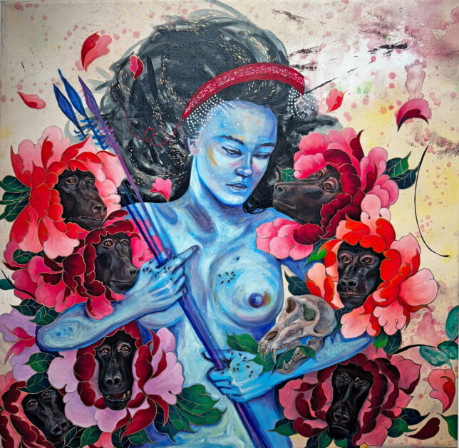 Yabun Yuma, Hadzabe Baboons, 2024, Öl, Acryl auf Leinwand, 100 x 100 cm