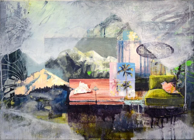 Tessa Wolkersdorfer, homescape – mountains allover, 2023, Tusche und Acryl auf Leinwand, 50 x 70 cm