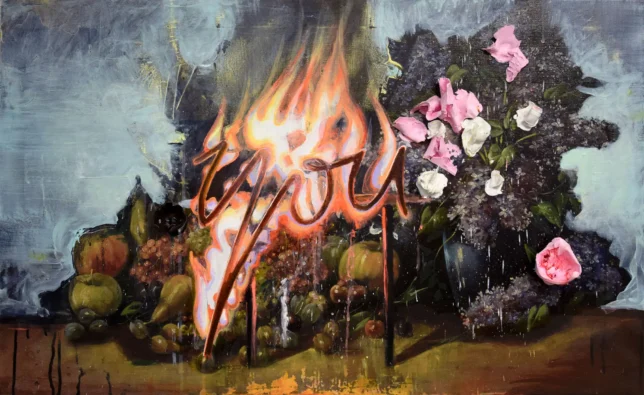 Tessa Wolkersdorfer, you,2024, Tusche und Acryl auf altem Bild, 50 x 82 cm