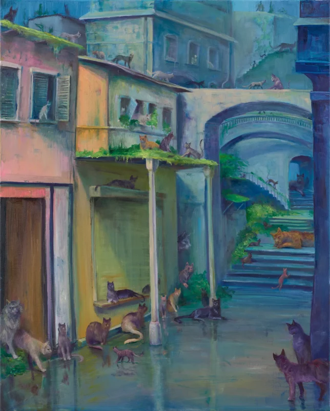 Sebastian Meschenmoser, Stadt der Katzen, 2025, 100 x 80 cm, Öl auf Leinwand