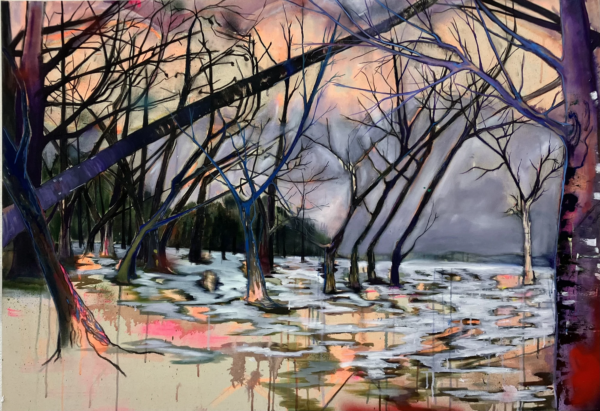 Stefanie Kettel, Wenn der Anfang am Ende weitergeht, als wäre nichts geschehen, 2025, Öl und Acryl auf Leinwand, 90 x 130 cm