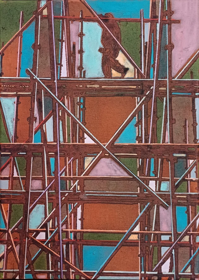 Jan Muche, Gerüst, 2026, 35 x 25 cm, Acryl und Tusche auf Leinwand