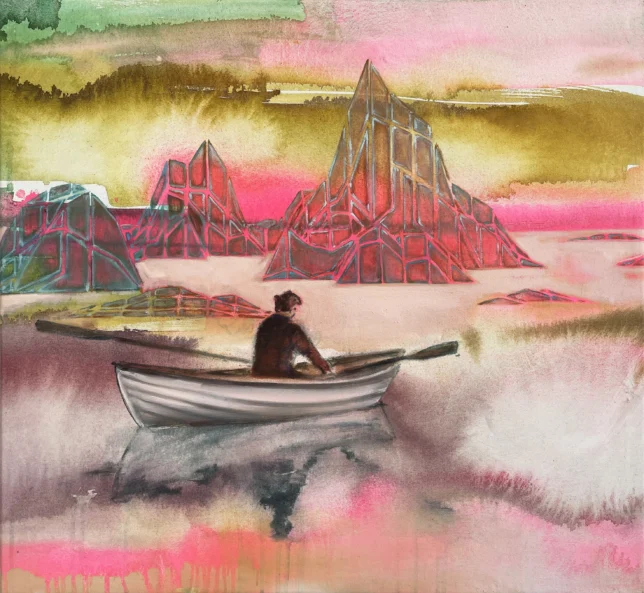 In Dialog with the Experiment of Time, 2025, Tusche und Öl auf Leinwand, 60 x 65 cm