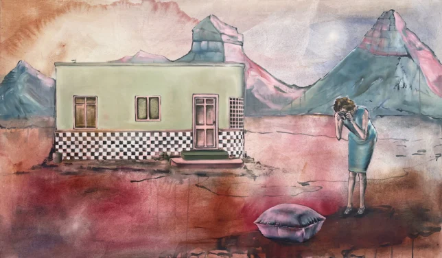 Anverwandlung von Welt, 2025, Tusche und Öl auf Leinwand, 85 x 145 cm
