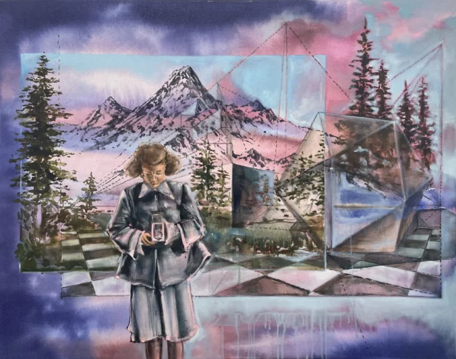 Die Vermessung der Träume, 2025, Tusche und Öl auf Leinwand, 75 x 95 cm
