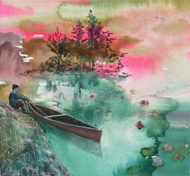 Sitting on the Experiment of Time, 2025, Tusche und Öl auf Leinwand, 60 x 65 cm